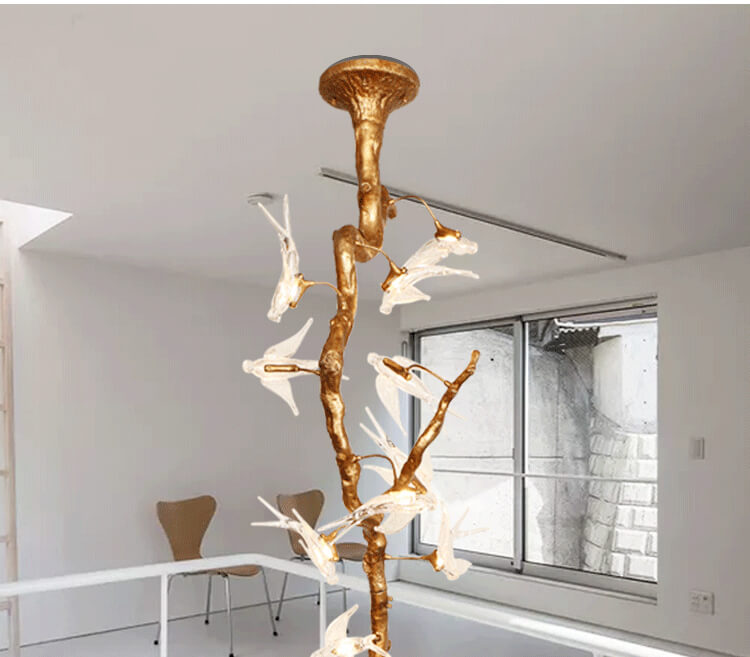 Duplex Full Copper Light Luxury Bird Staircase Chandelier
