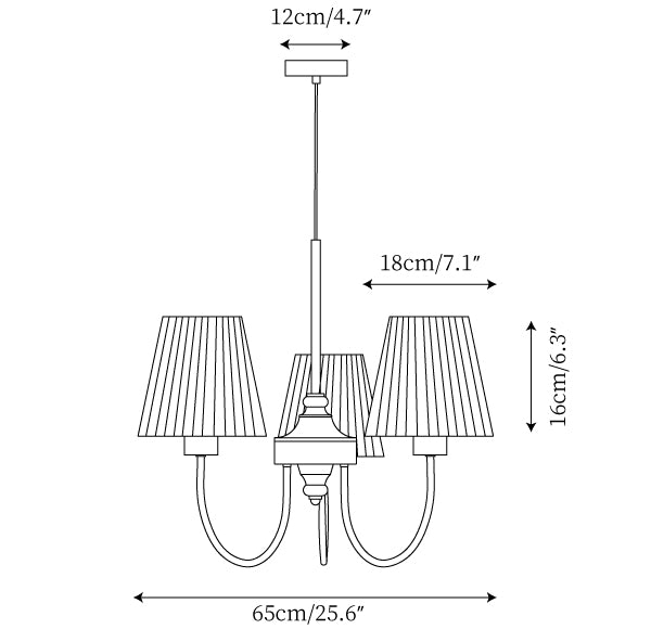 Josef Wood Chandelier 3-head dimension diagram L 65 cm