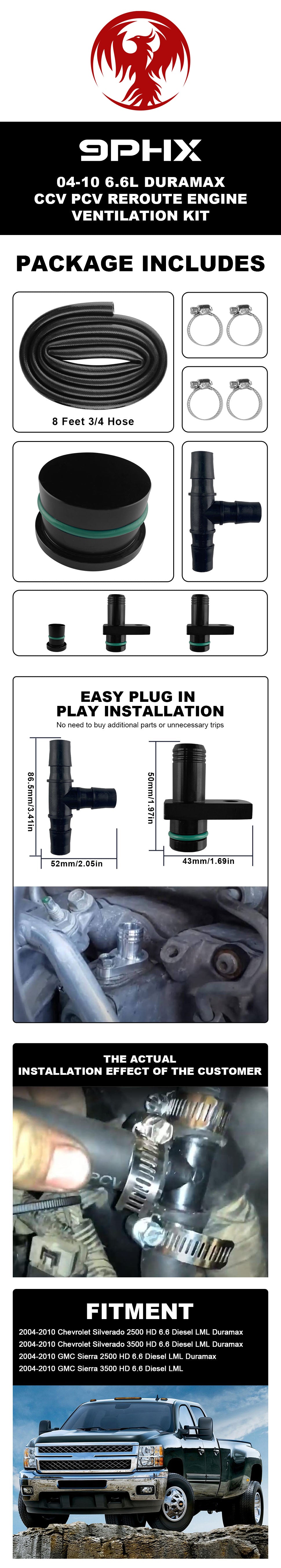 9PHX 2004-2010 6.6L Duramax LML CCV PCV ReRoute Engine Ventilation Kit