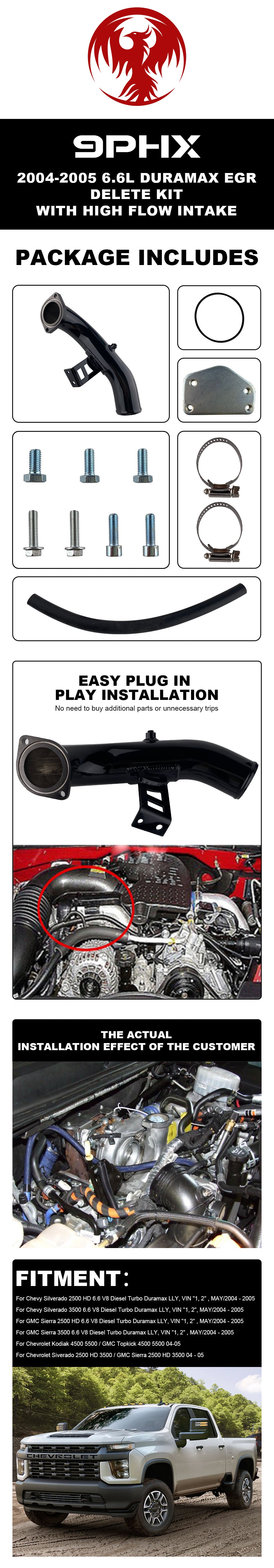 9PHX 2004-2005 Duramax LLY 6.6L EGR Kit de eliminación con entrada de alto flujo para GMC Chevrolet 2500 3500 HD 4500 5500