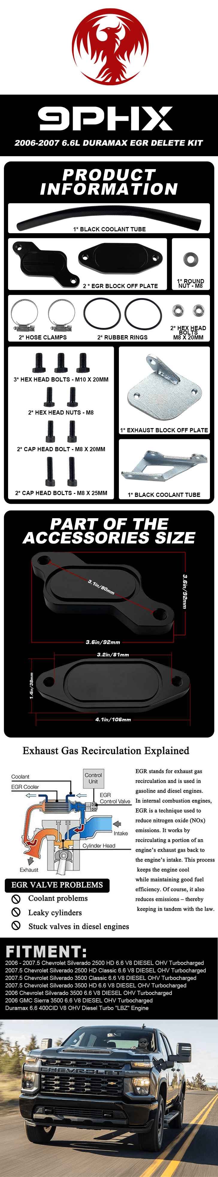 9PHX 2006-2007 6.6L Duramax EGR Kit de eliminación para GMC Chevrolet 2500 3500 HD LBZ