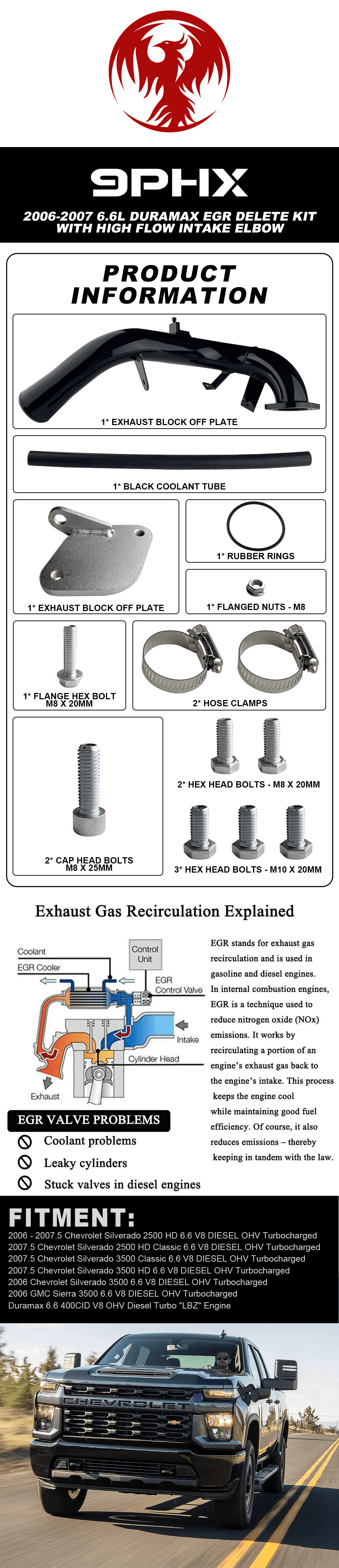 9PHX 2006-2007 Duramax 6.6L EGR Kit de eliminación con codo de admisión de alto flujo para GMC Chevrolet 2500 3500HD LBZ