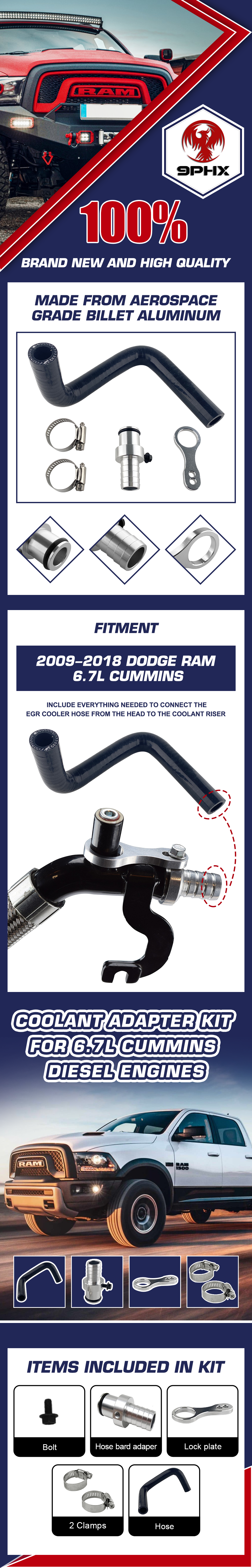 9PHX 2009-2018 6.7L Dodge Ram Cummins Kit de reparación de fugas con adaptador de lengüeta para manguera de refrigerante