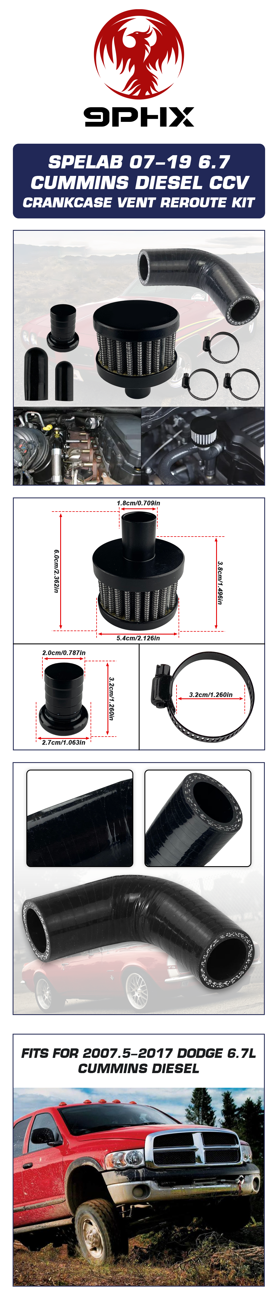 9PHX 2007-2019 6.7L Dodge Cummins CCV PCV ReRoute Engine Ventilation Kit
