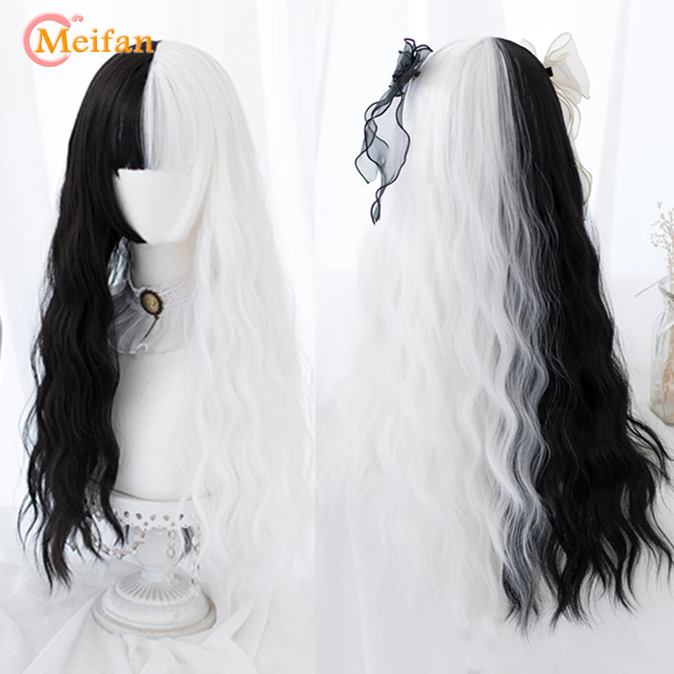 MEIFAN Synthetic Long Straight Lolita Wig with Bangs Wig Girl Cute Ombre Pink Blonde Black Cosplay Party Halloween Harajuku Wig