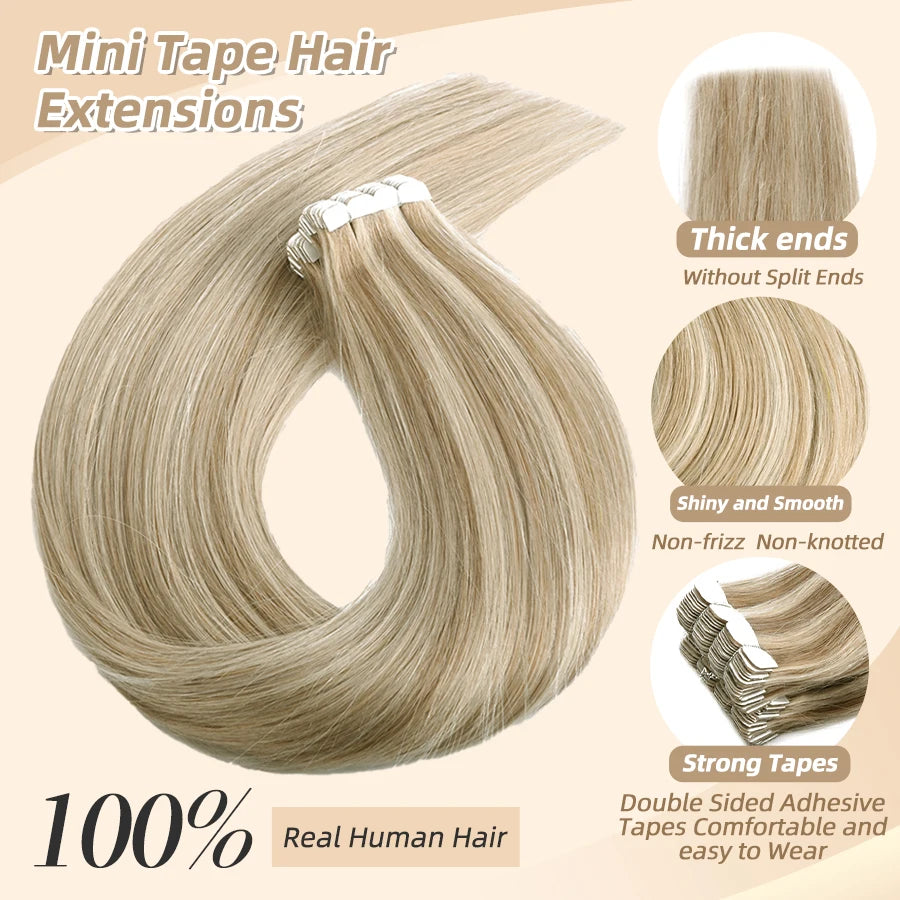 Neitsi Invisible Mini Tape In Hair Extensions Black Women 100% Natural Adhesive Human Hair Tape Ins Straight 12