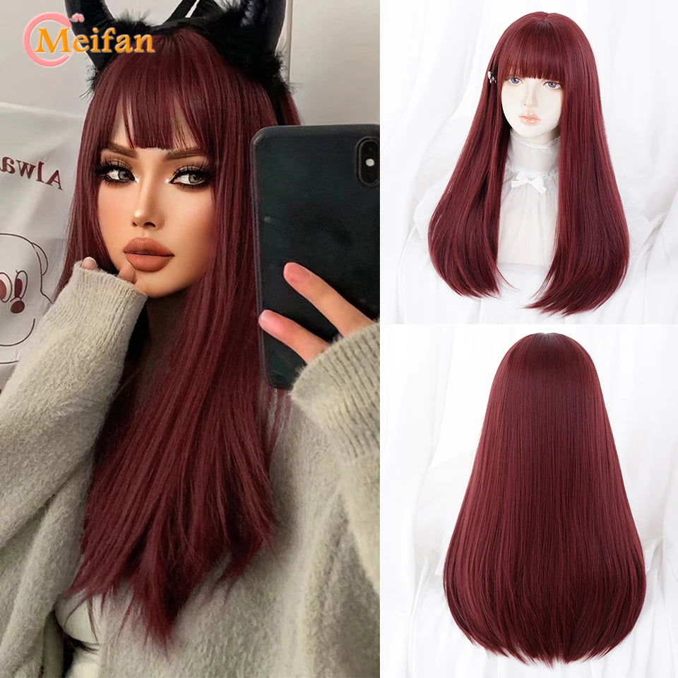 MEIFAN Synthetic Long Straight Lolita Wig with Bangs Wig Girl Cute Ombre Pink Blonde Black Cosplay Party Halloween Harajuku Wig