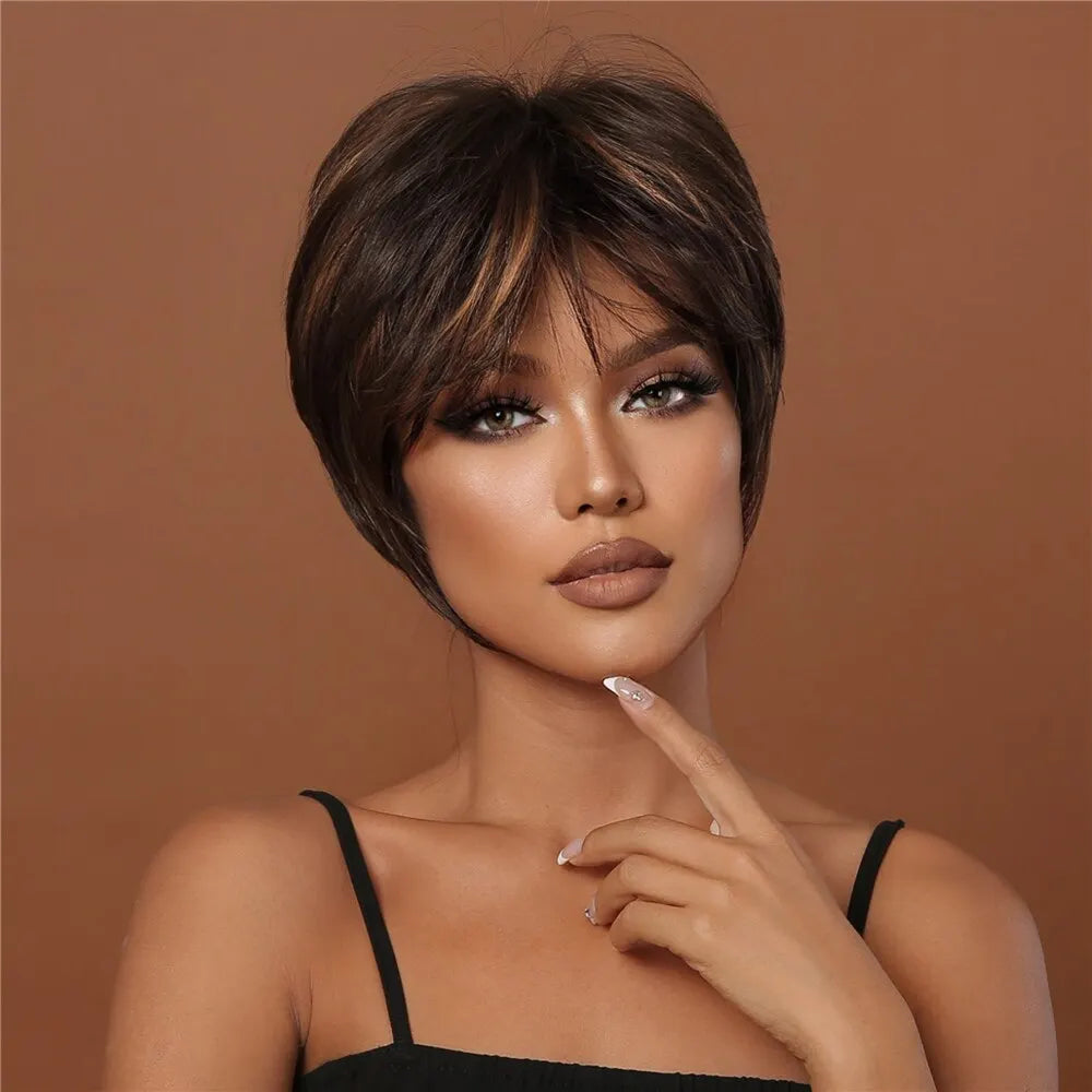 Brown Synthetic Hair Wigs for Black Women Short Pixie Cut Hair Wigs With Bangs Party Daily Use Wig Natural Hair Heat Resistant