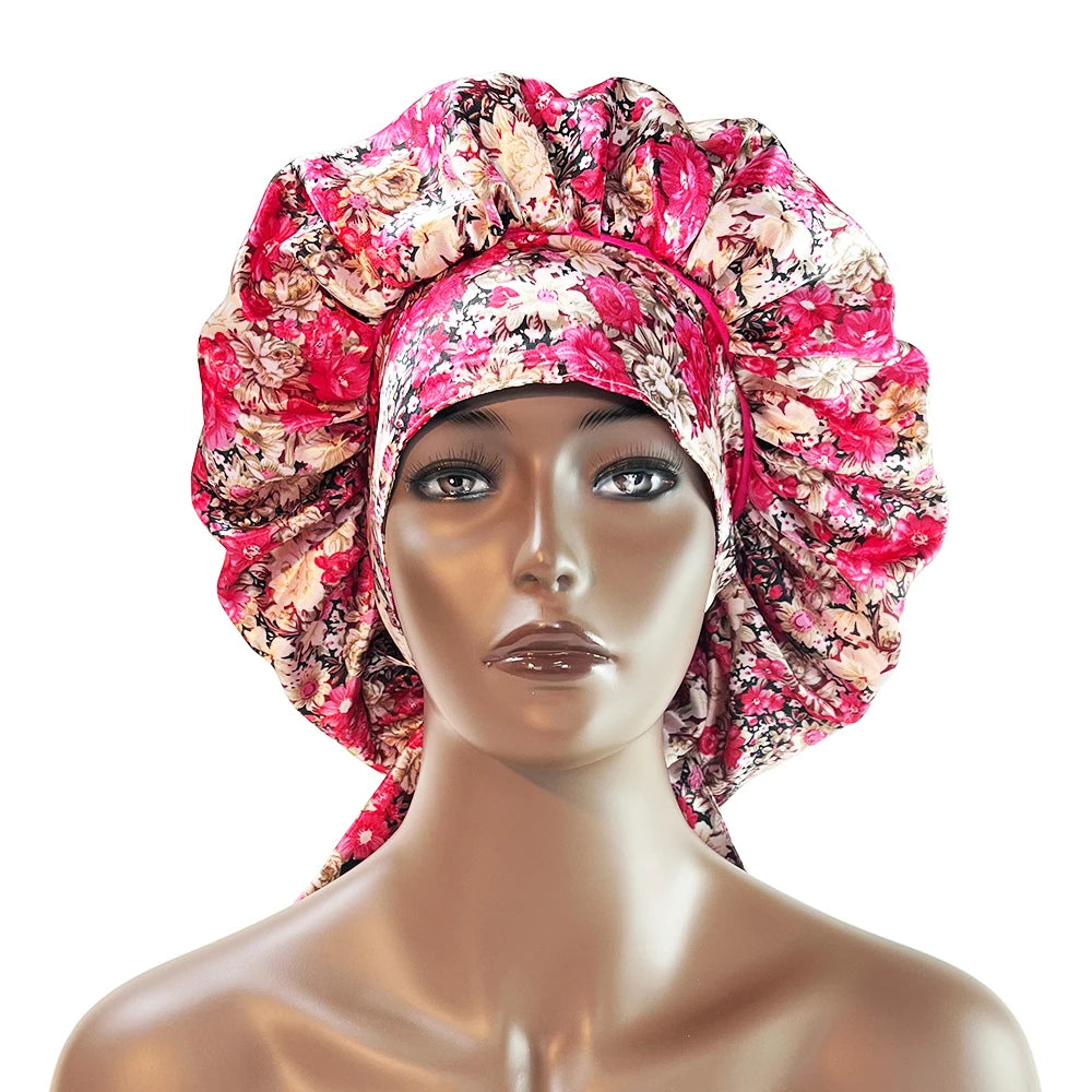 Luxury Women Satin Bonnet Cap Double Layer Silky Big Bonnet for Lady Printing Satin Sleep Cap+ Edge Laying Scarf Set