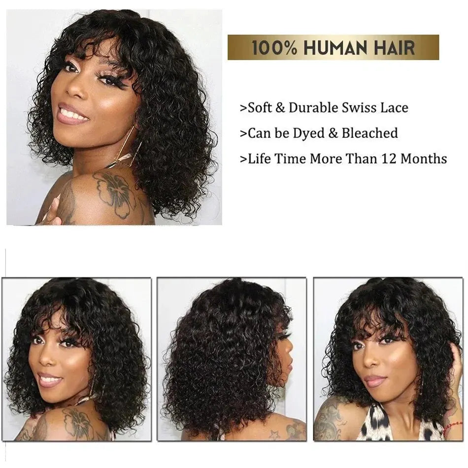 Curly Human Hair Wigs For Women Human Hair Bob Wig Kinky Curly Wig With Bangs Perruque Cheveux Humain Full Machine Made Wig