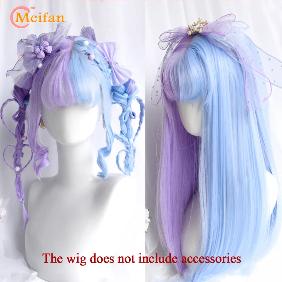 MEIFAN Synthetic Long Straight Lolita Wig with Bangs Wig Girl Cute Ombre Pink Blonde Black Cosplay Party Halloween Harajuku Wig