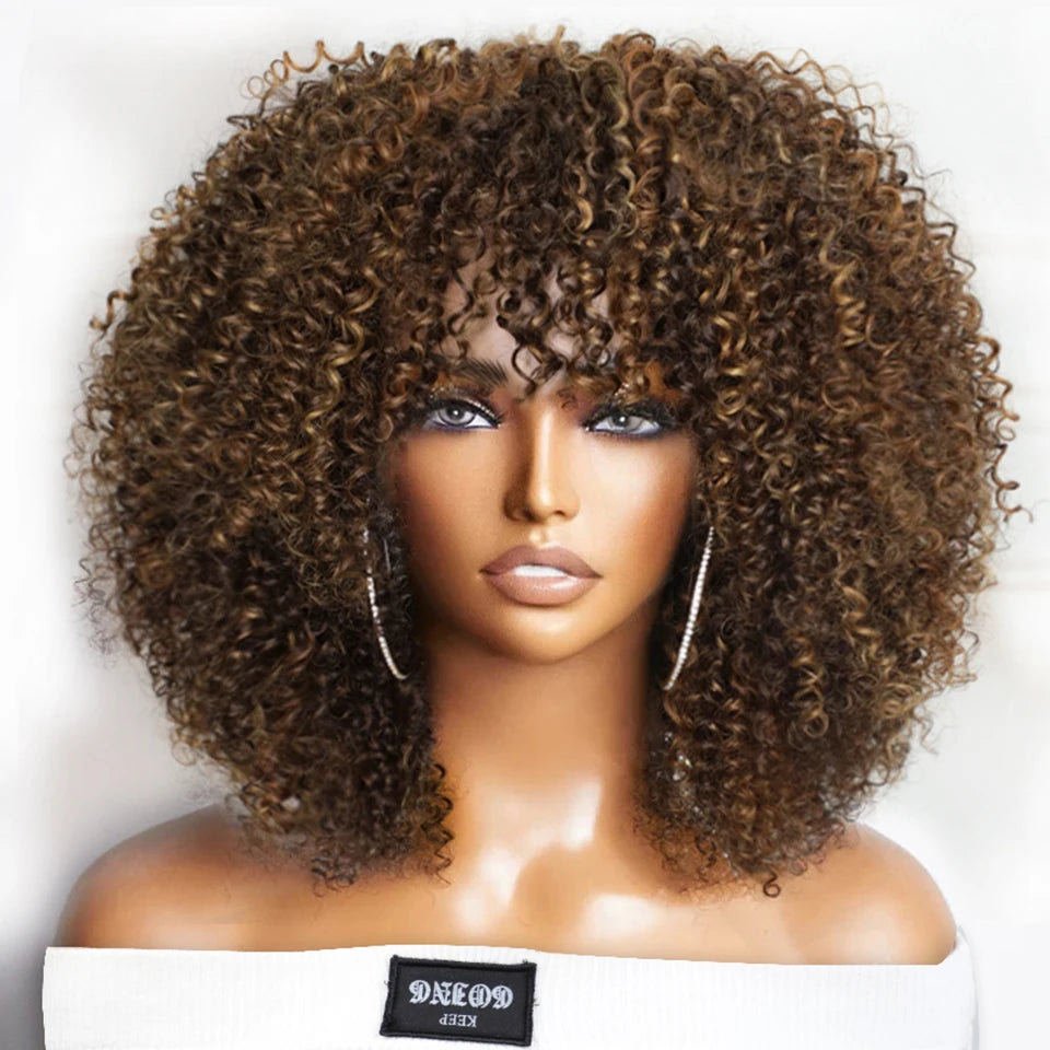 Short Afro Kinky Curly Wig With Bangs Brazilian Brown Highlight Glueless Full Machine Wig 250 Density Jerry Curl For Black Women