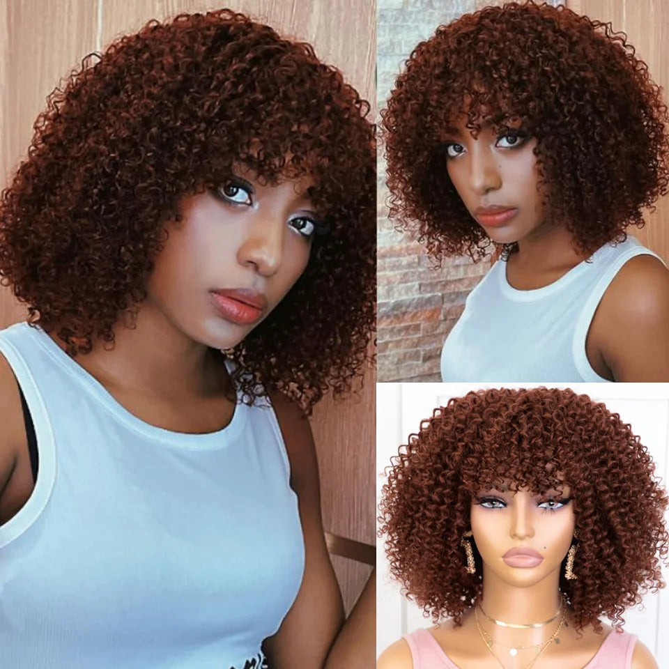 250D Brown Color Afro Kinky Curly Human Hair Wigs with Bangs Wear to go Glueless Wig Remy Brazilian Short Curly Human Hair Wig
