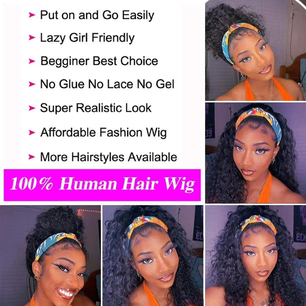 Afro Kinky Curly Human Hair Headband Wig For Black Women 180% Density Glueless Brazilian Remy Full Machine Made Hair Half Wig