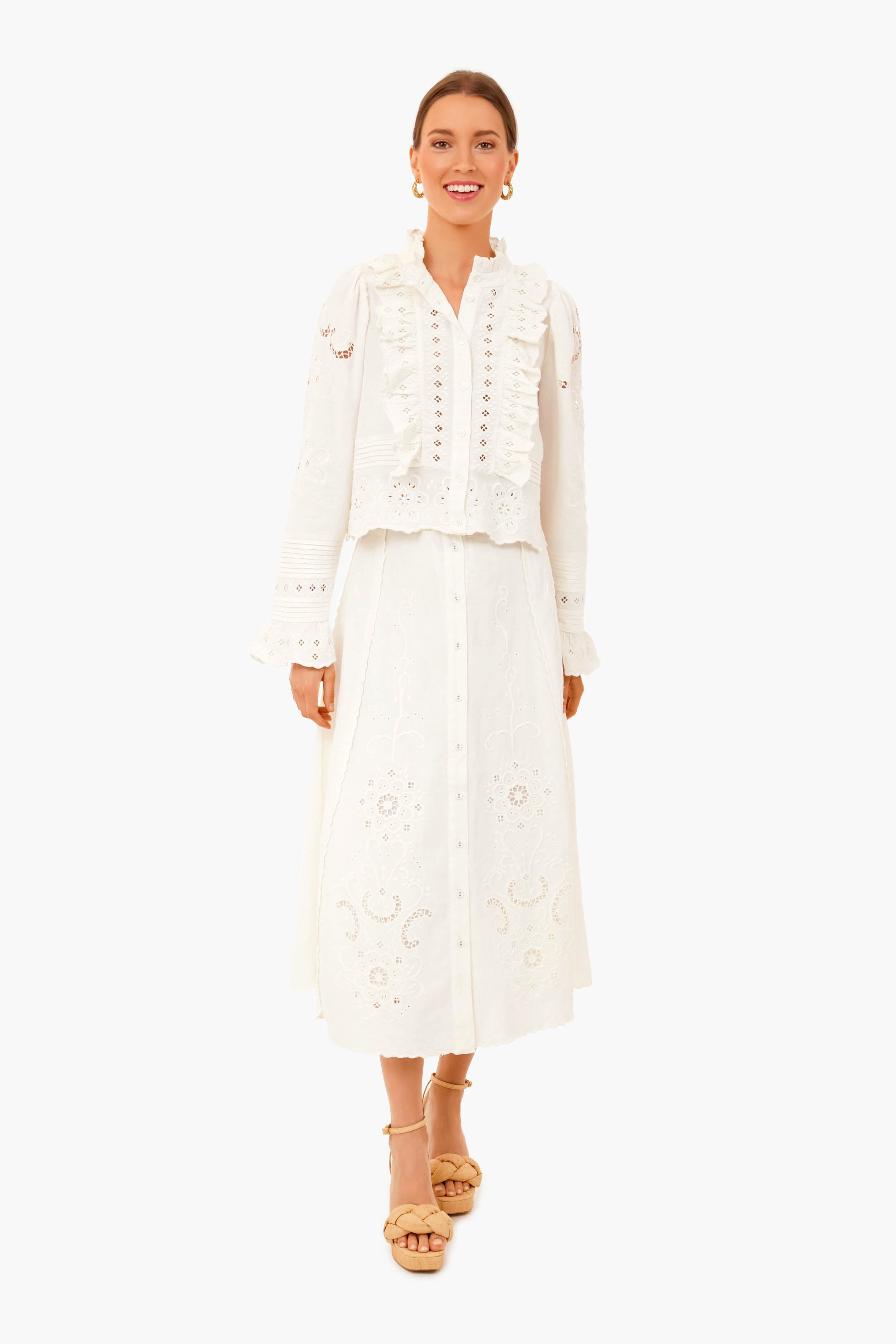 White Kiara Embroidered Button-Down Skirt
