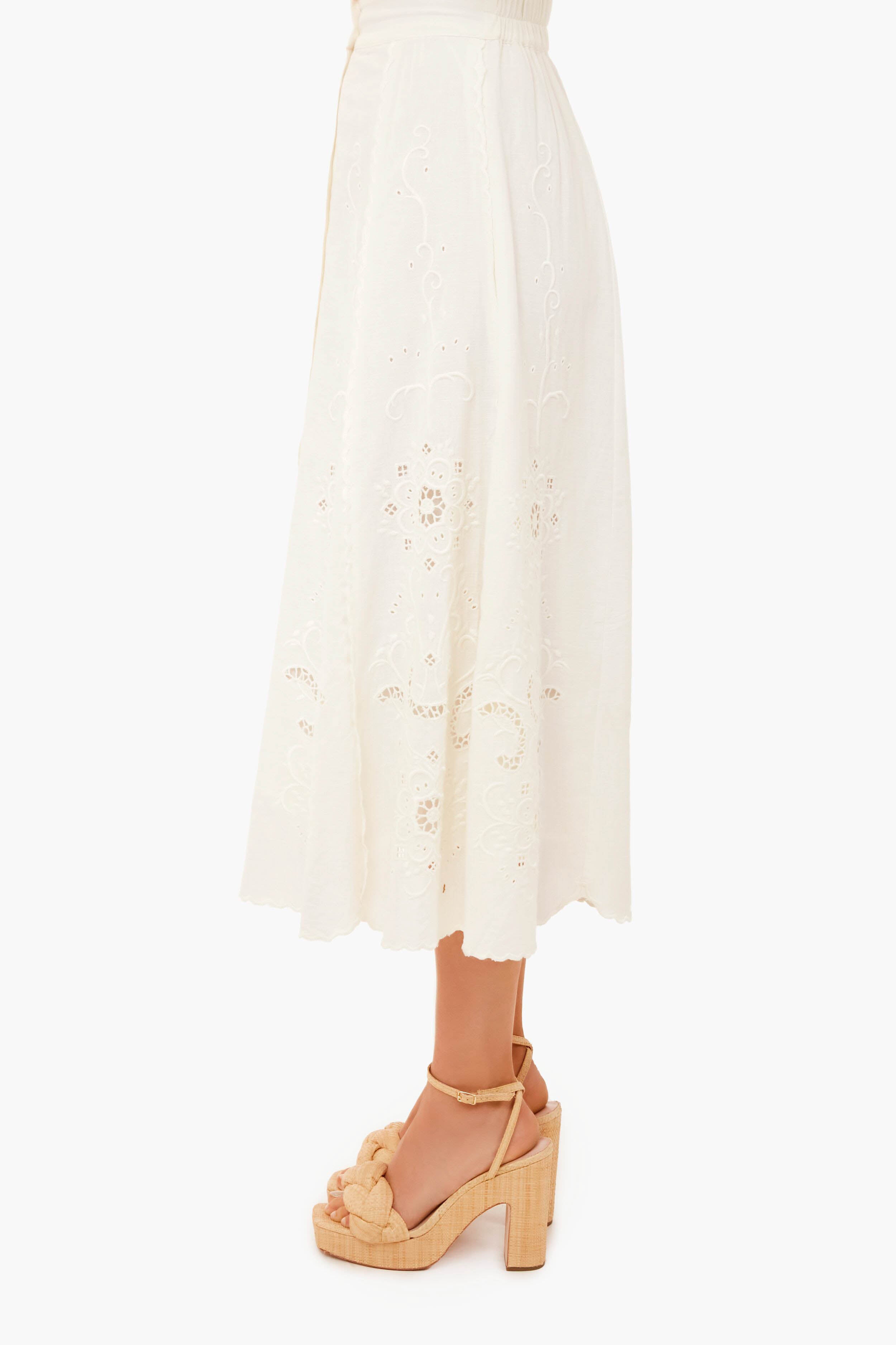 White Kiara Embroidered Button-Down Skirt