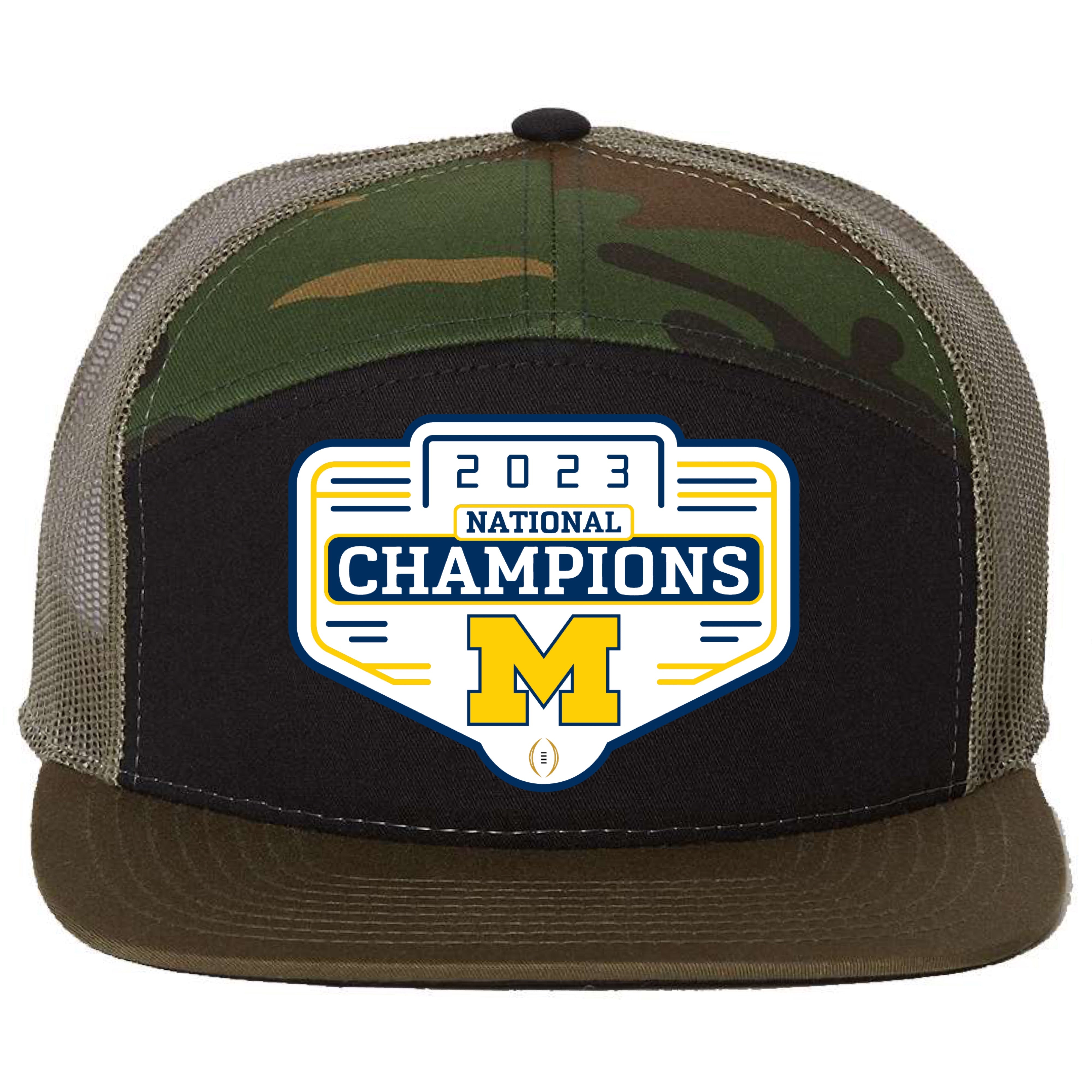 Michigan Wolverines 2023 National Champions 3D Snapback Seven-Panel Trucker Hat- Black/ Camo/ Loden