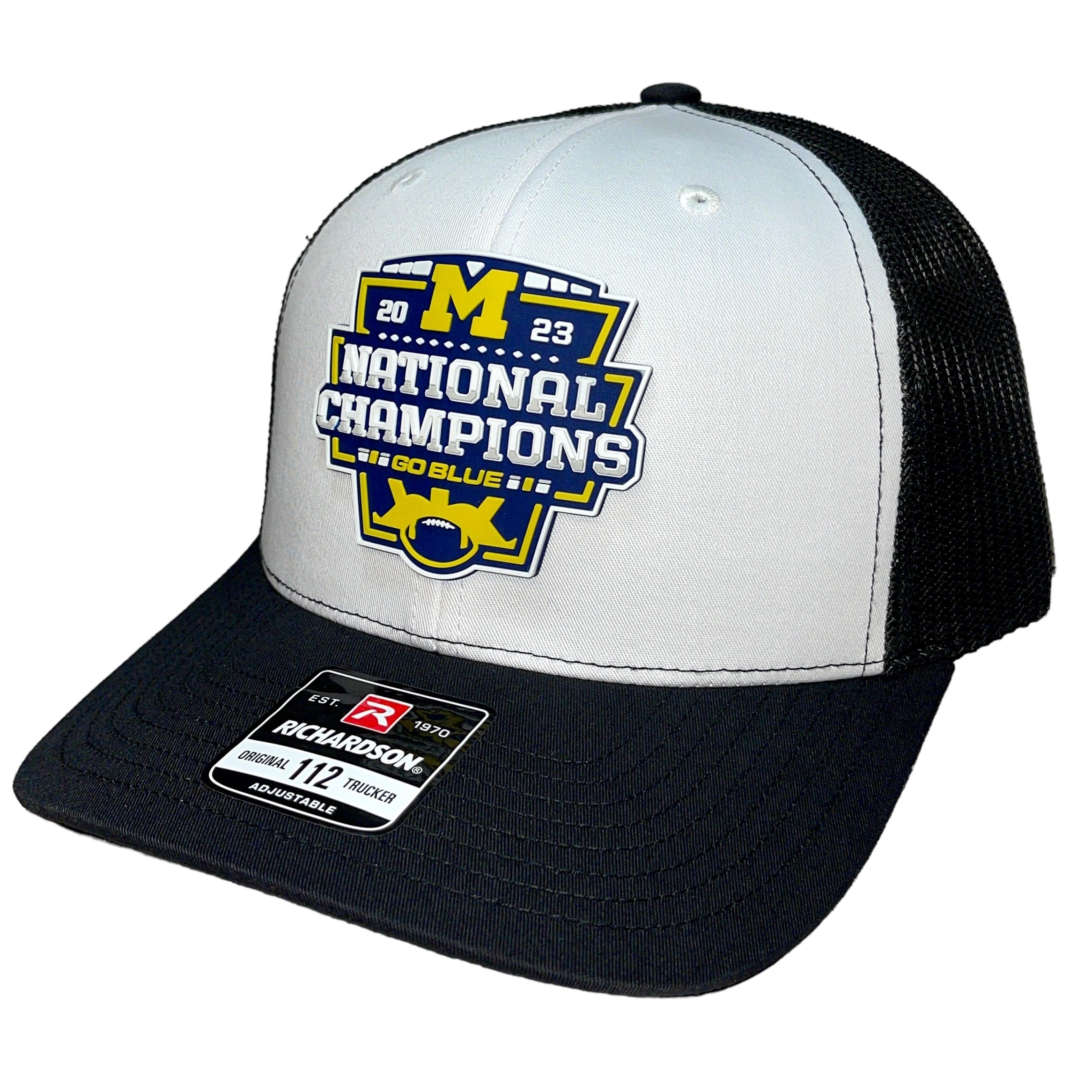 Michigan College Football Playoff 2023 National Champions 3D Snapback Trucker Hat- White/ Black