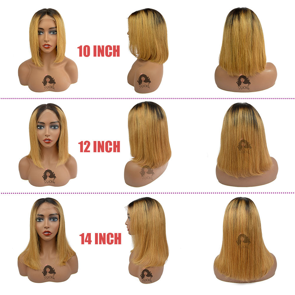 1B 27 Deux tons miel blonde droite cheveux humains courte Bob Lace Front perruque avec des racines foncées