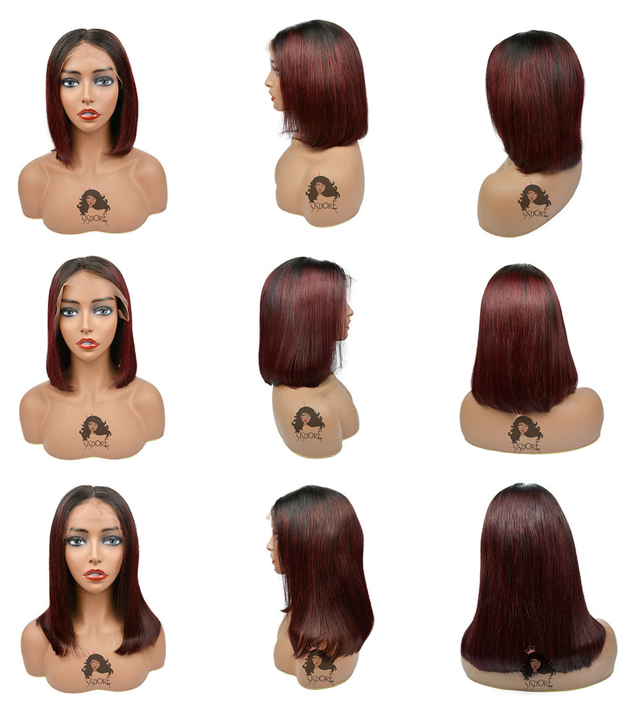 1b 99j couleur vin rouge foncé droite cheveux humains courte bob dentelle avant perruque 10 12 14 pouces