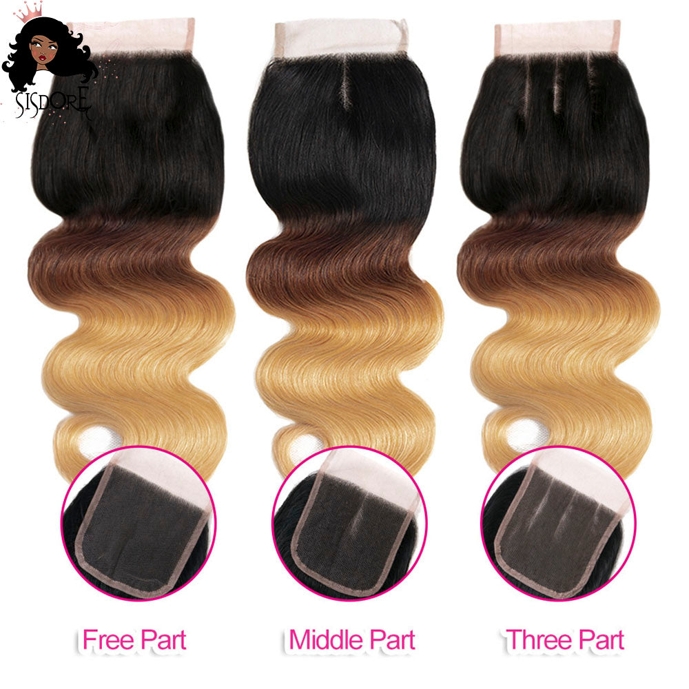 1b 4 27 body wave 3 tone color human hair 4x4 lace closure