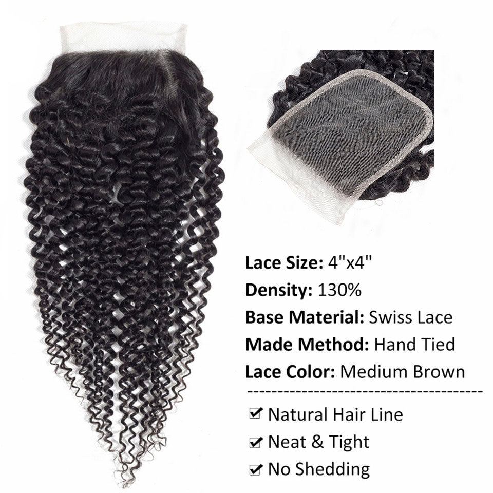 natural black kinky curly human hair 4 by 4 lace closure