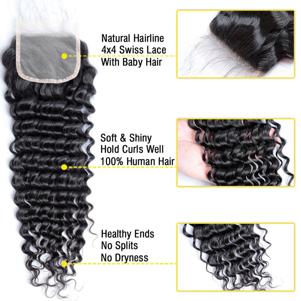 natural color deep wave 4x4 lace closure