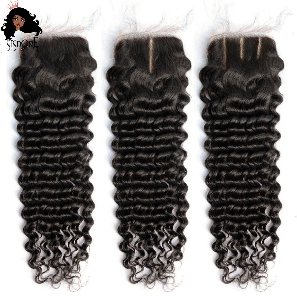 natural color deep wave human hair lace closure parting style