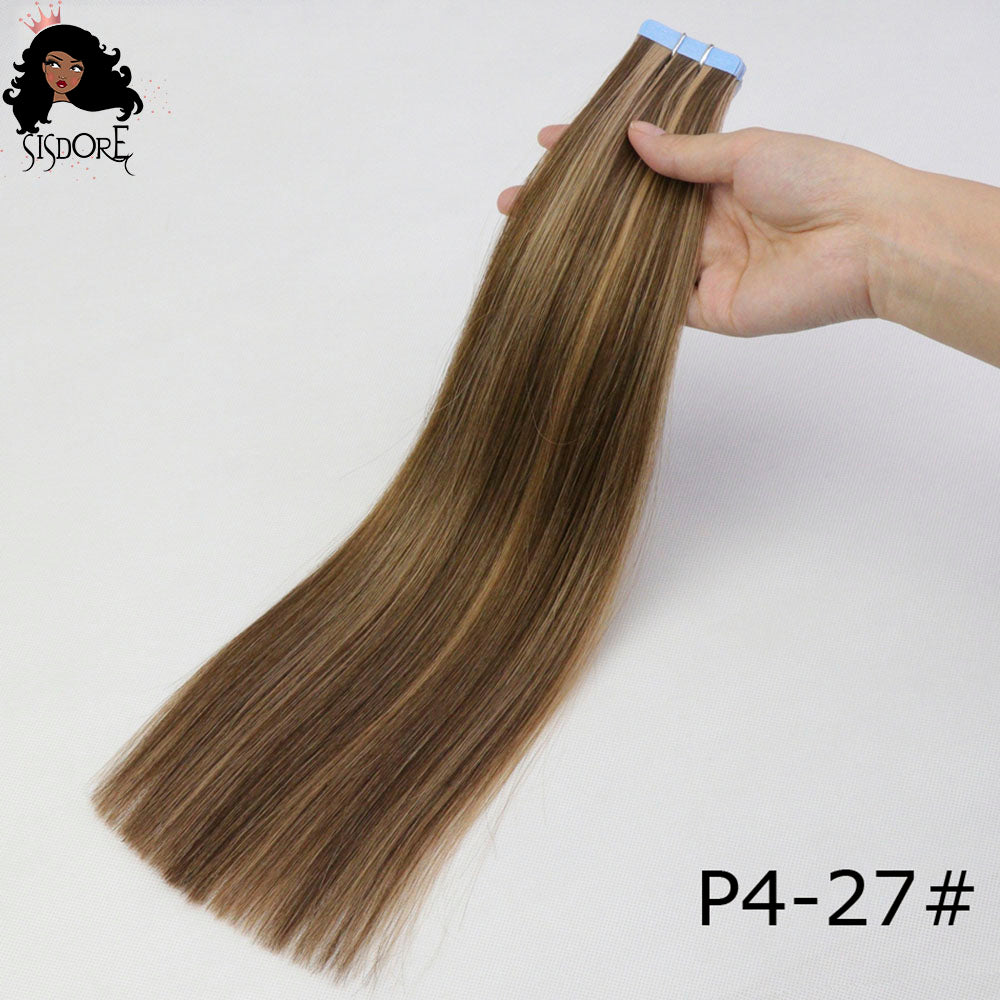 4 27 highlight brown with blonde piano color straight tape in human hair extensions