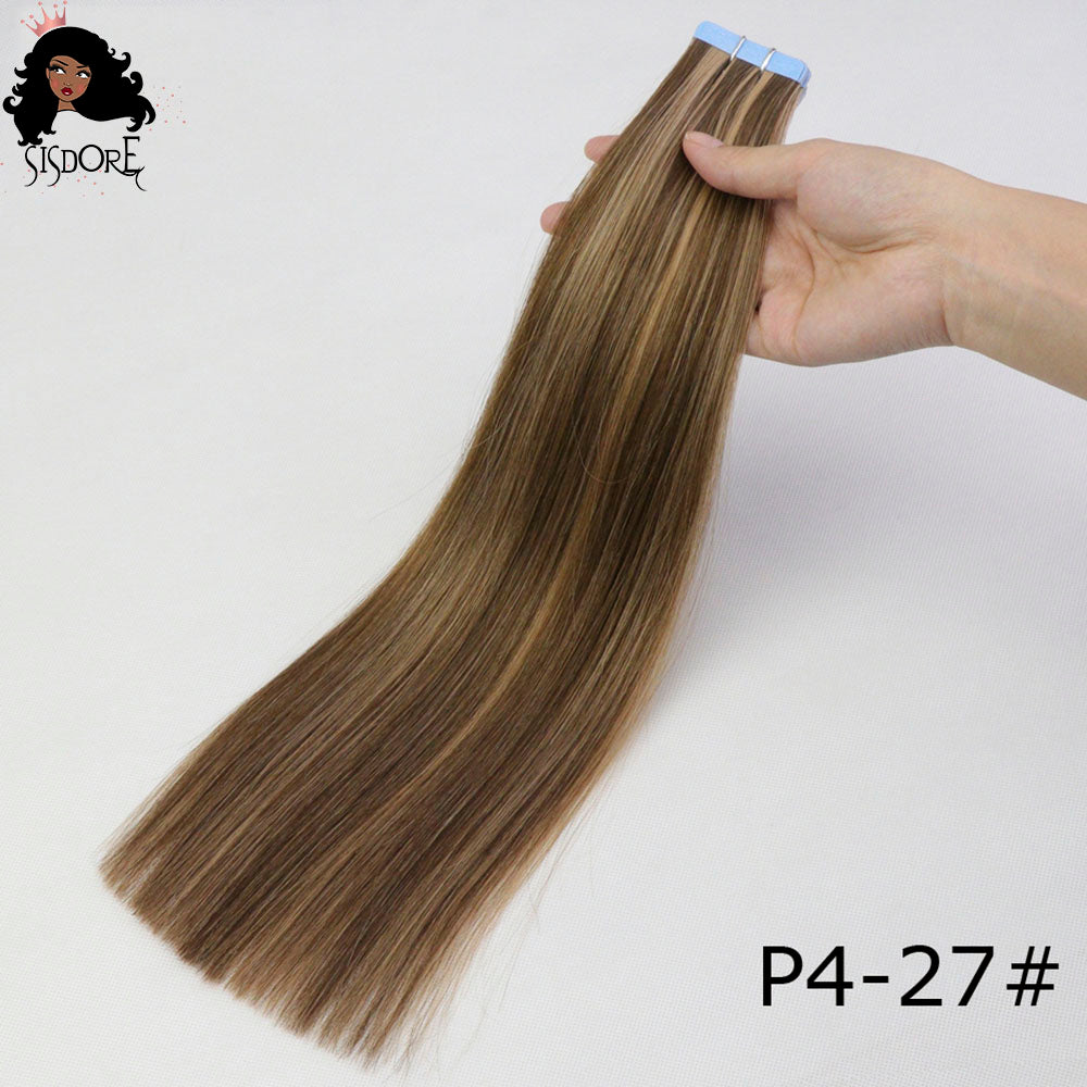 4 27 resaltado marrón con cinta recta color piano rubio en extensiones de cabello humano