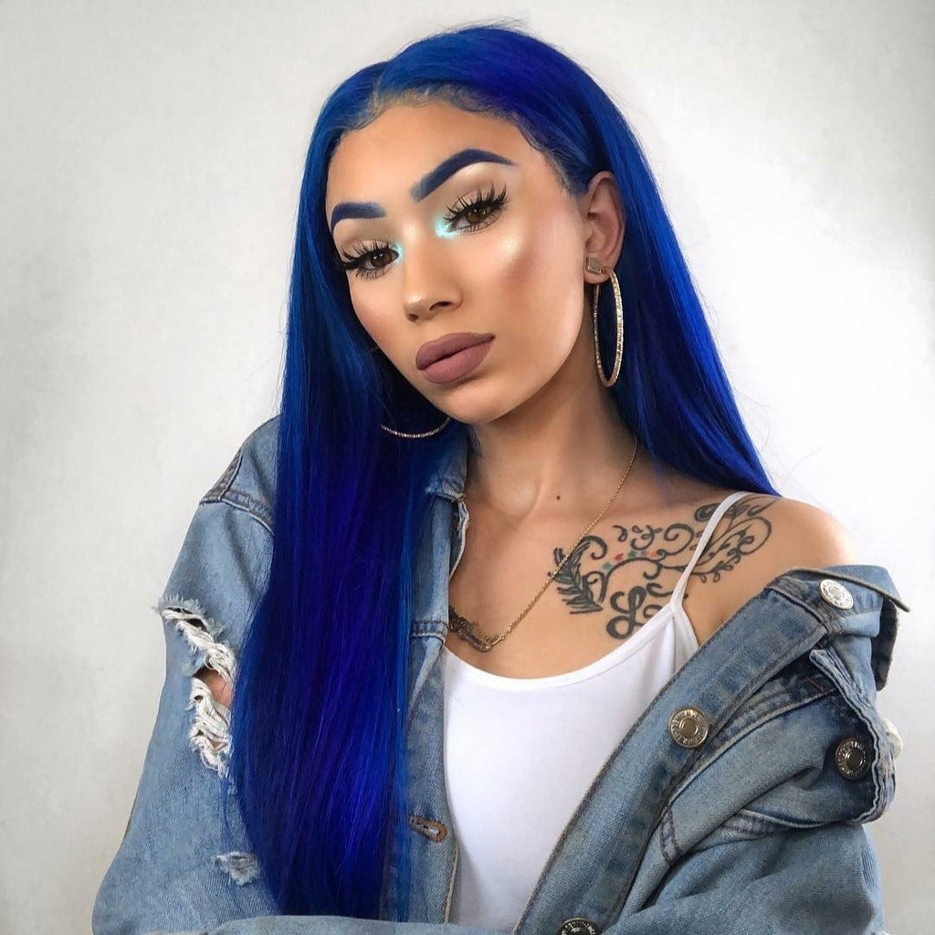 1B Blue Wigs, Blue with Black Roots Ombre Straight Human Hair Wig
