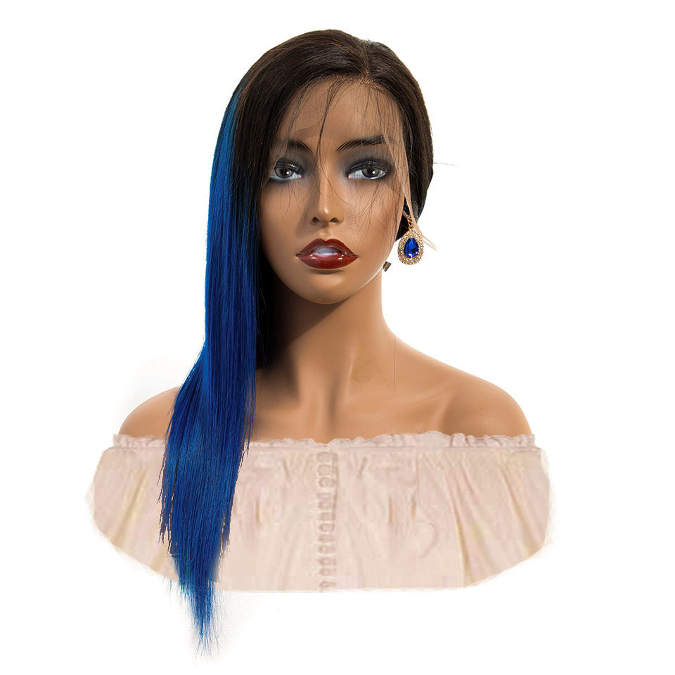 1b blue straight human hair lace front wig