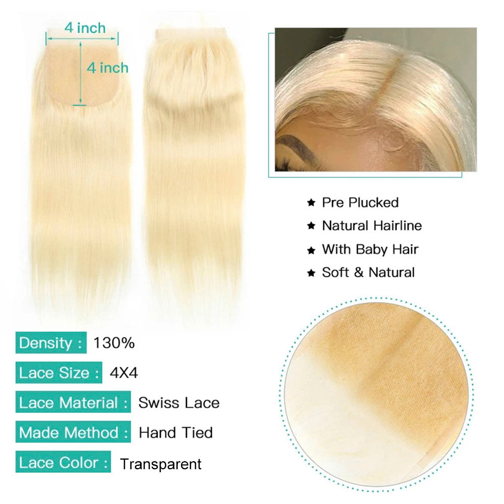 #613 Bleach Blonde Straight Virgin Human Hair Lace Closure