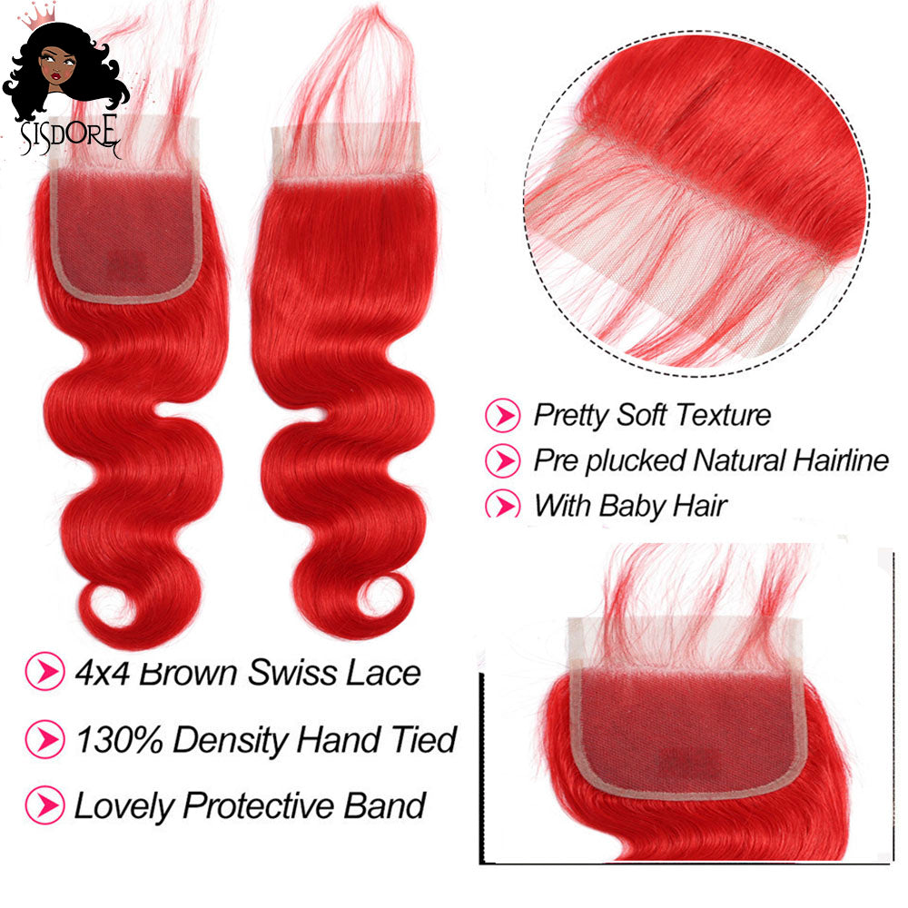Cierre de encaje de cabello humano con ondas corporales de color rojo brillante