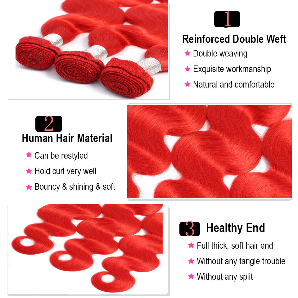 Tejidos de cabello humano con ondas corporales de color rojo brillante