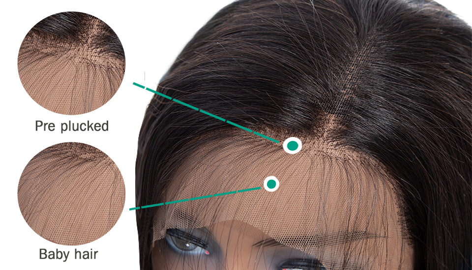 Peluca de cabello humano con línea de cabello natural prearrancada, parte frontal detallada