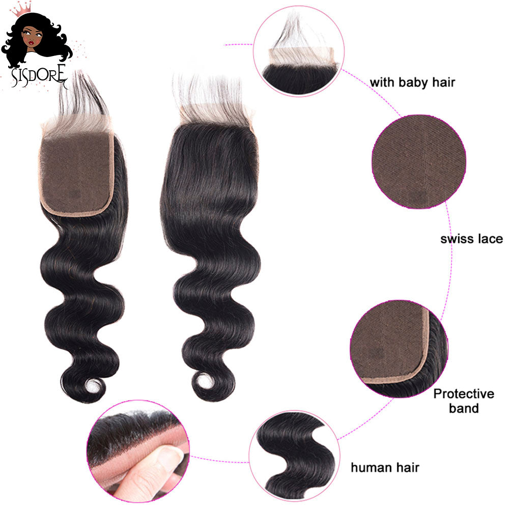 natural color body wave human hair 4 by 4 lace closure