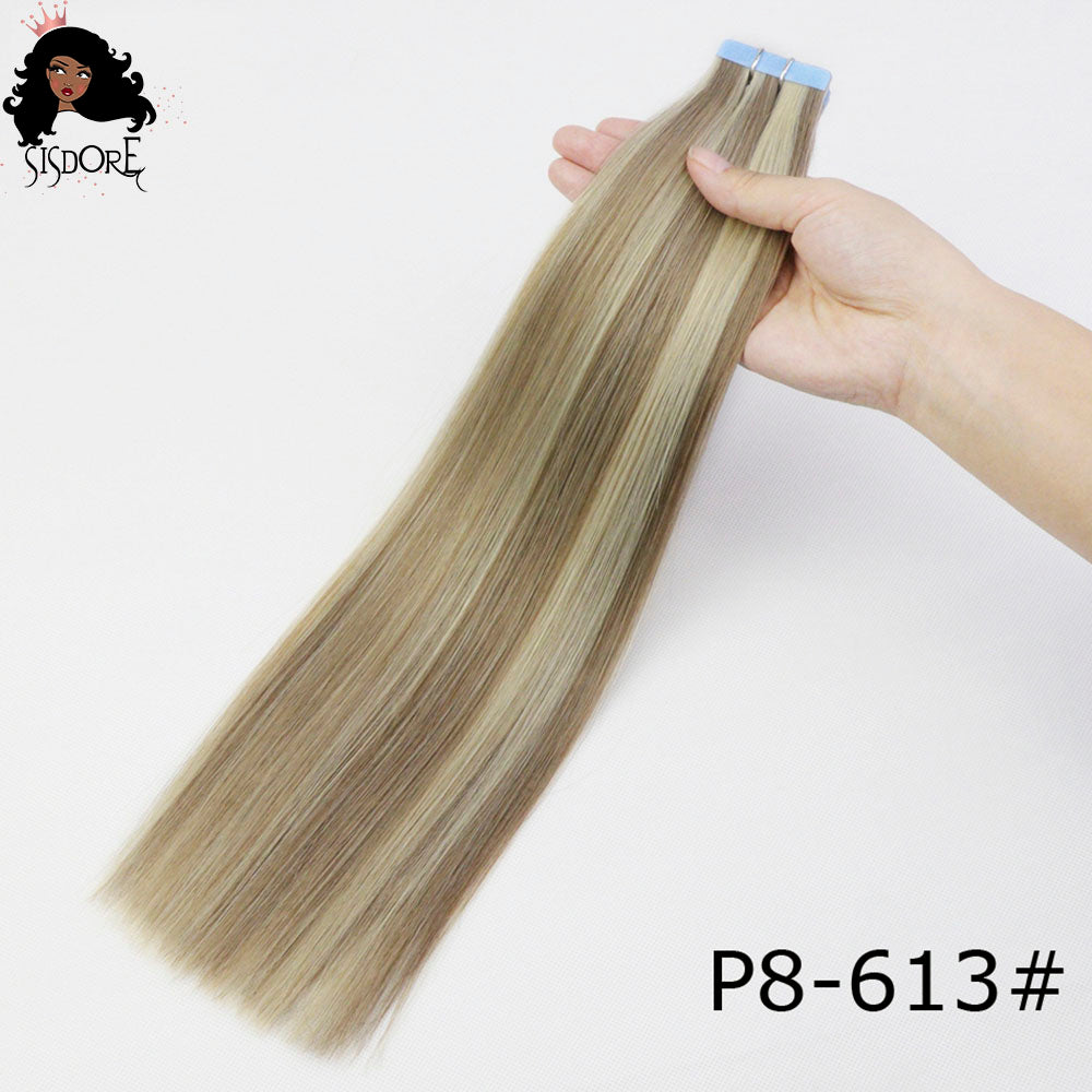 8613 resaltado marrón con cinta recta de color rubio en extensiones de cabello humano