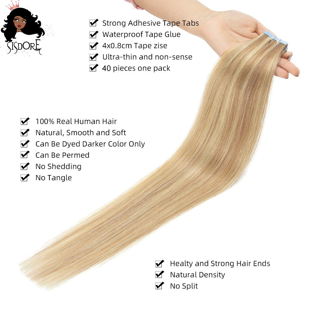 Blonde tape in human hair extensions