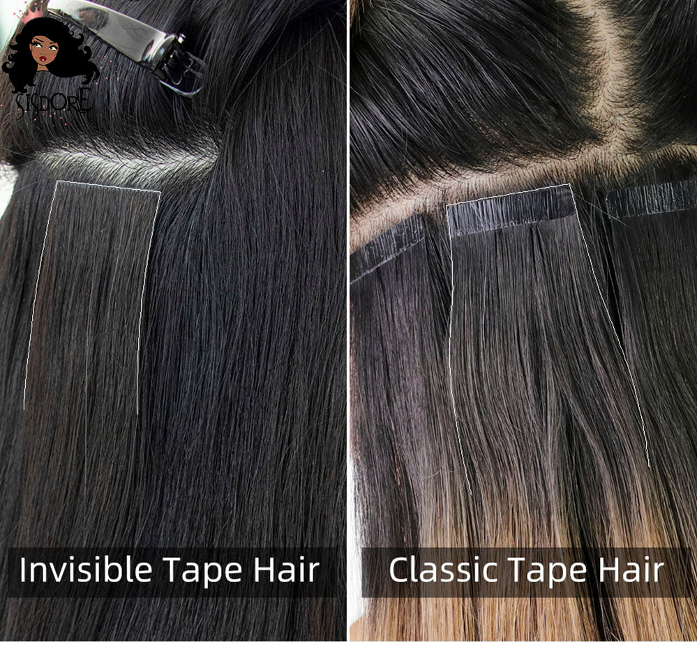Cinta invisible en extensiones de cabello en comparación con cinta de pelo clásica.