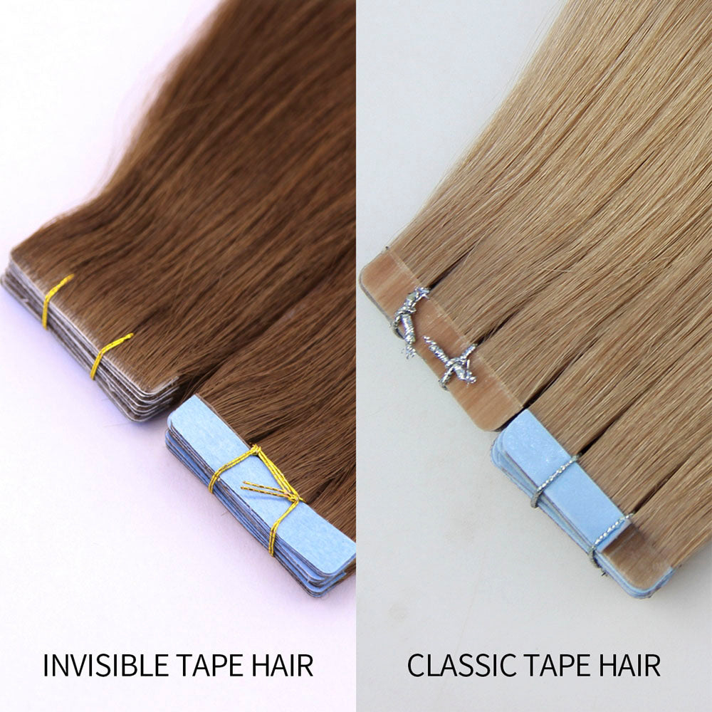 Cinta invisible en extensiones de cabello en comparación con cinta de pelo clásica.