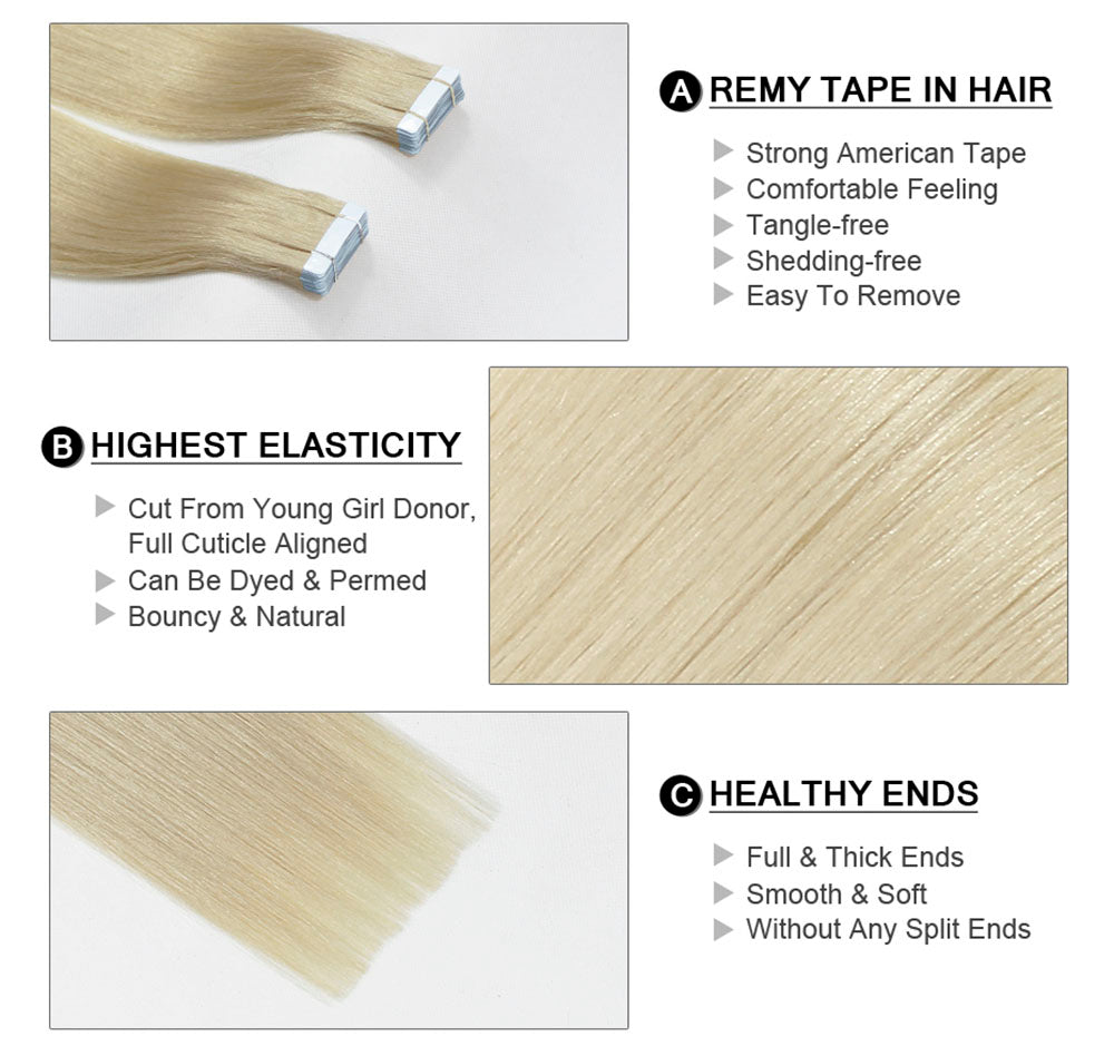 Blonde tape in human hair extensions