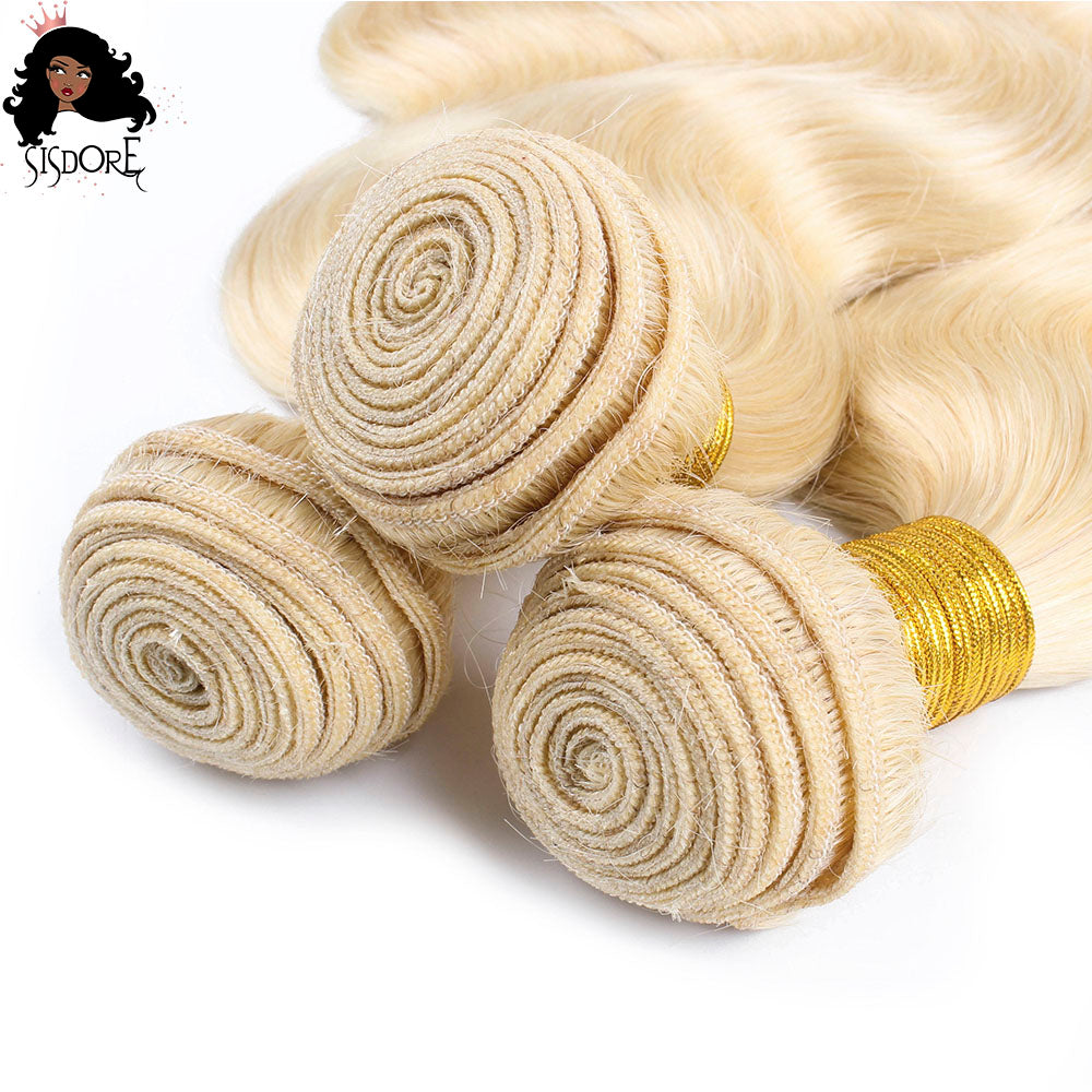 613 mechones de cabello rubio decolorado con ondas corporales y trama doble superior detallada