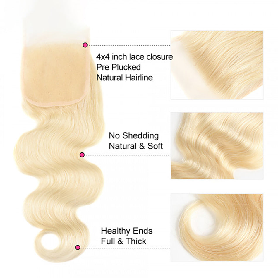 613 blonde body wave human hair 4x4 transparent lace closure