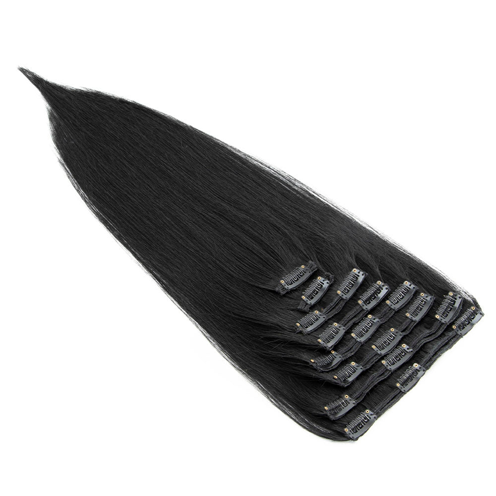 Clip de cabello humano virgen liso negro en extensiones de cabello