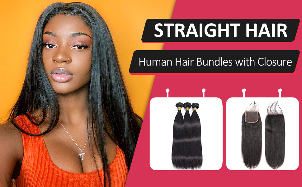 Straight 3 Bundles with Closure Human Hair 100% Brésilien Vierge Armure de Cheveux Humains