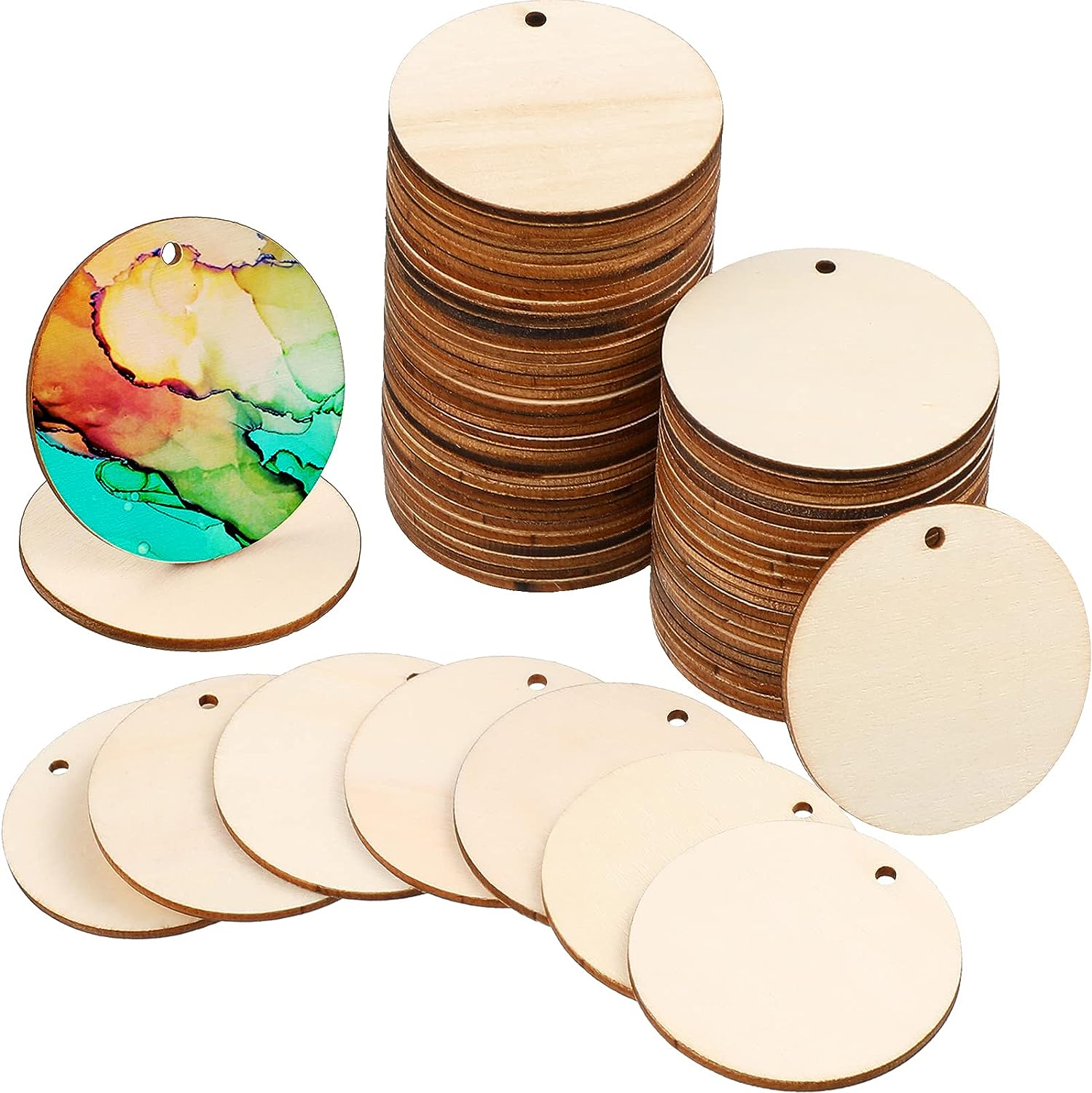 100 Pieces Unfinished Round Wooden Circles with Holes Round Wood Discs for Crafts Blank Natural Wood Circle Cutouts for DIY Crafts Party Birthday Christmas Decoration (2 Inch)