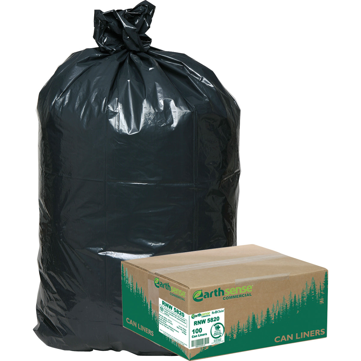 Earthsense Recycled Star Bottom Trash Bags, 55-60 gal, Black, 100-count