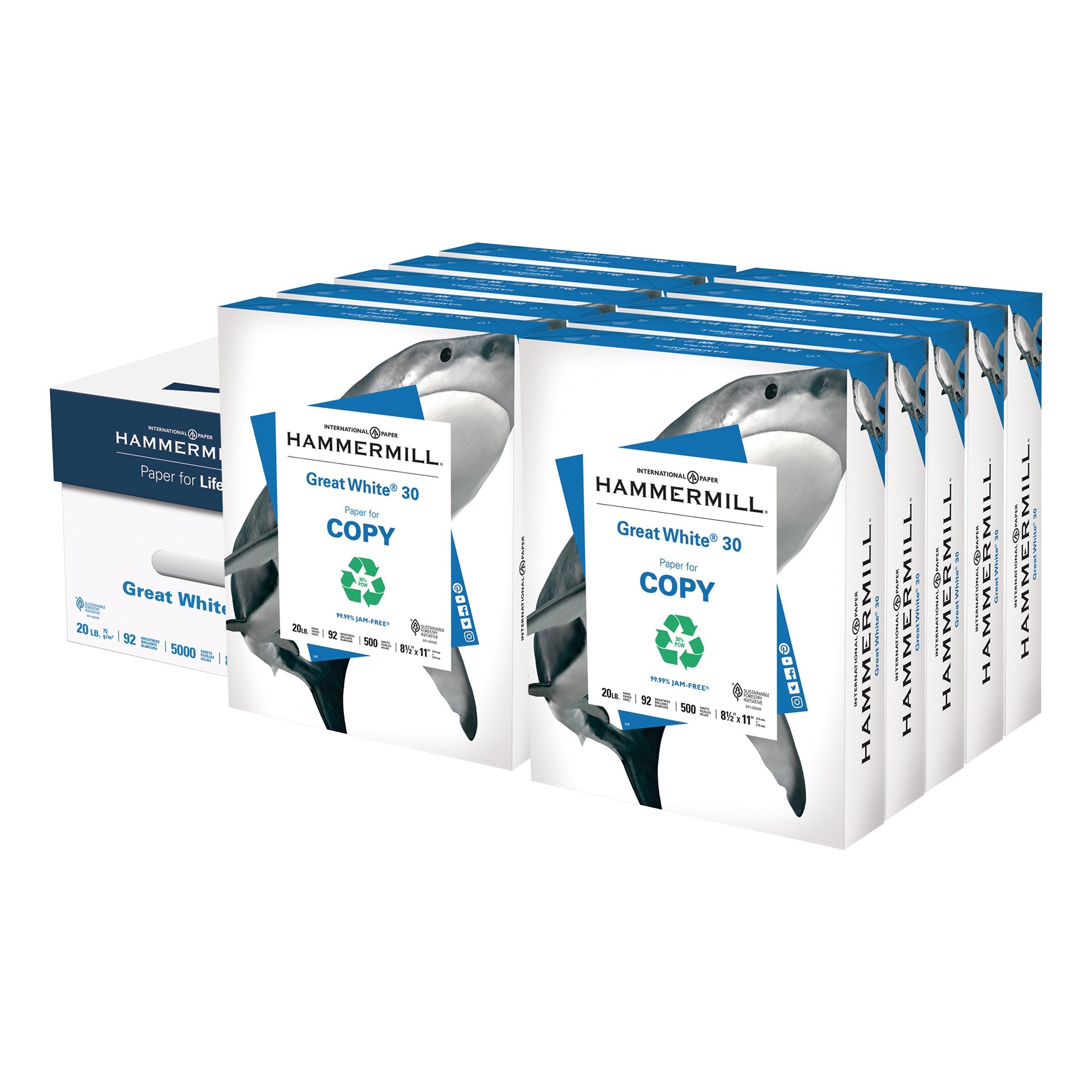 Hammermill Great White, 30% Recycled Printer Paper, Letter, 20lb, 92-Bright, 10 Reams of 500 sheets