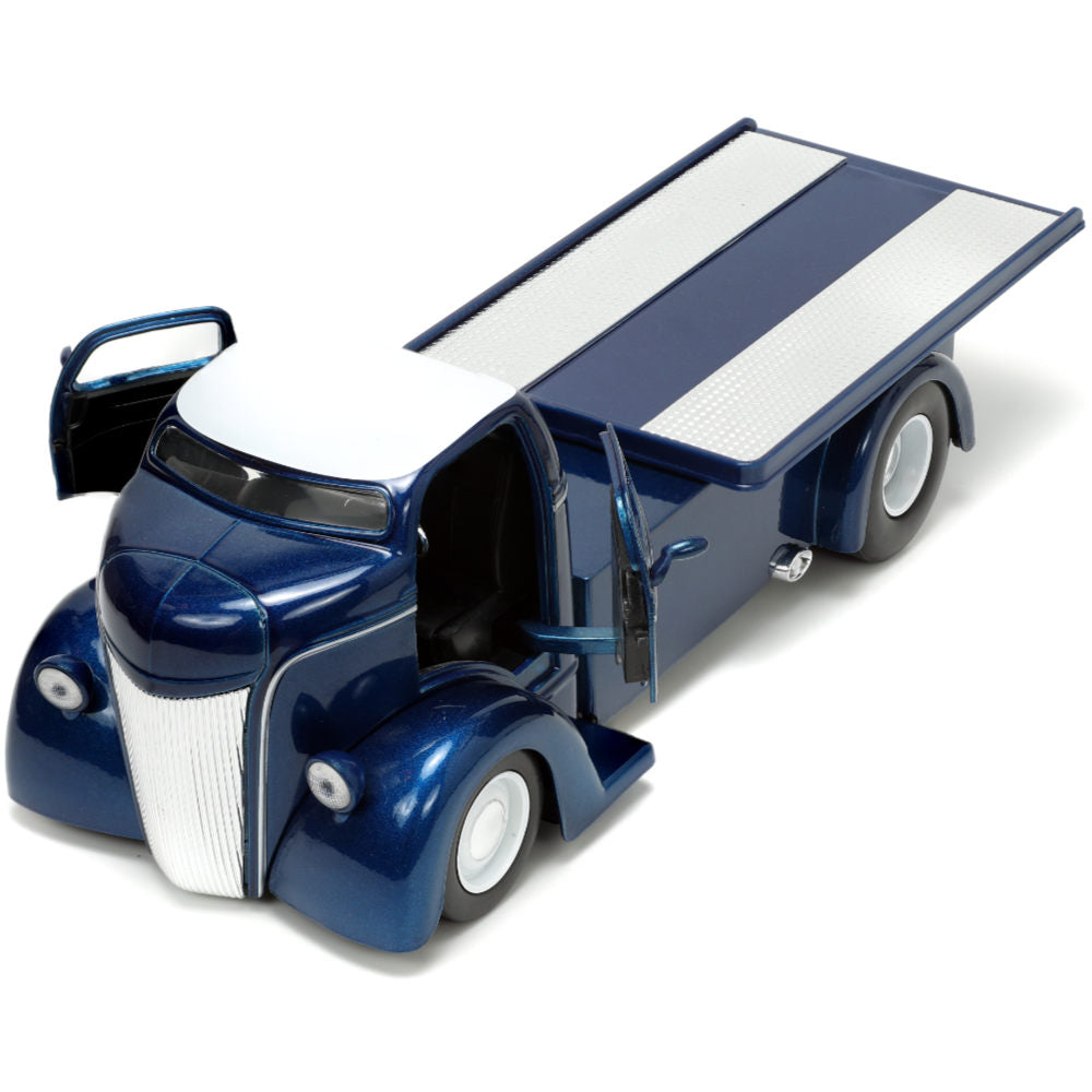 Just Trucks 1947 Ford COE Flatbed Tow Truck with Extra Wheels 1:24 Scale Diecast Model Metallic Blue by Jada 33853